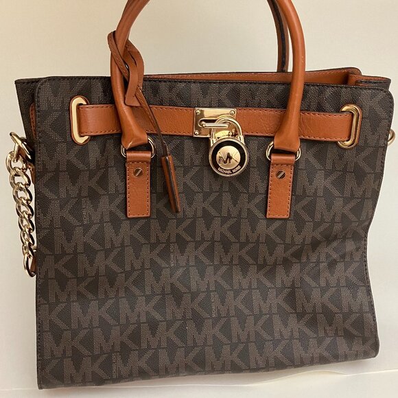 Michael Kors Hamilton Satchel Signature Logo Tote - Brown Leather Shoulder Bag - Picture 1 of 10